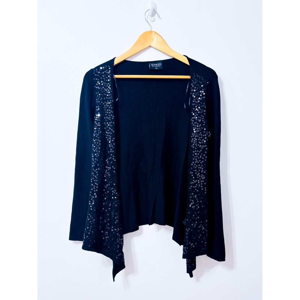 SOAKED IN LUXURY Black Sequin Waterfall Open Front Cardigan XX-Small